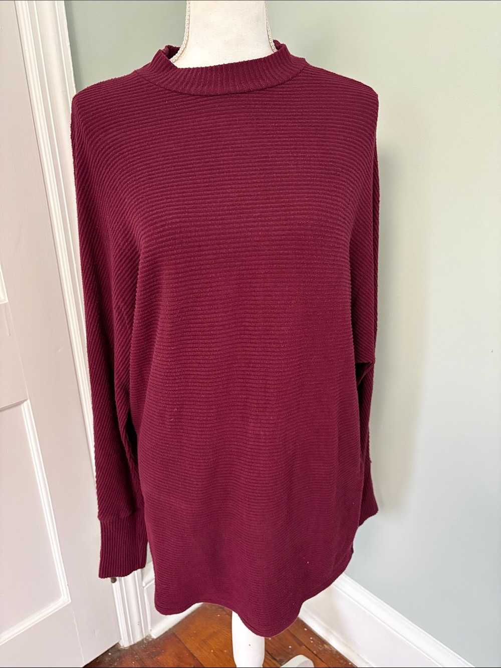 Matty M Ribbed Mock Neck Tunic Shirt Bat Wing Oversized Small